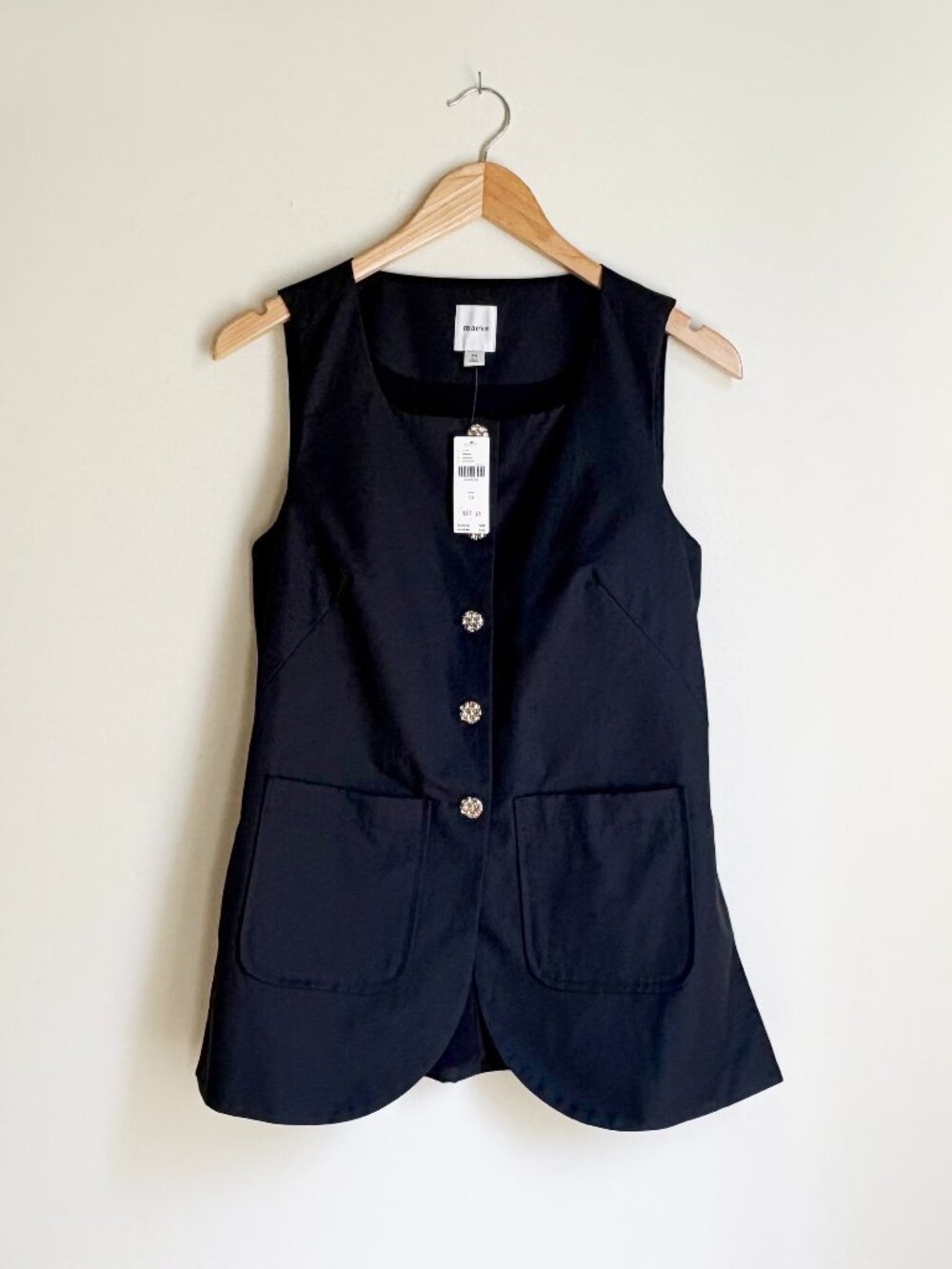 NWT Anthropologie Maeve Black Longline Vest XS Gold Textured Buttons Pockets - Picture 3 of 10